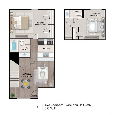 2 Bed 1 Bath Floor Plan at The Papillon, Florida